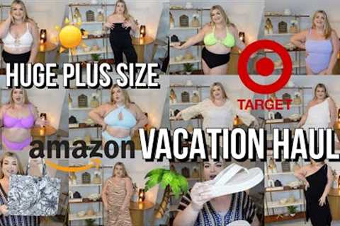 HUGE PLUS SIZE VACATION HAUL | TARGET + AMAZON SWIMSUITS, DRESSES, COVERUPS AND SANDALS